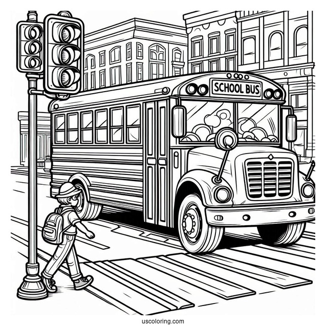 School Bus Coloring Page Waiting For Kids To Cross The Street