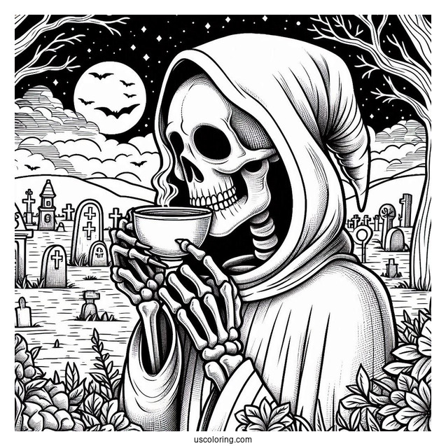 Skeleton Coloring Page Of Grim Reaper Drinking Tea In Cemetery Halloween