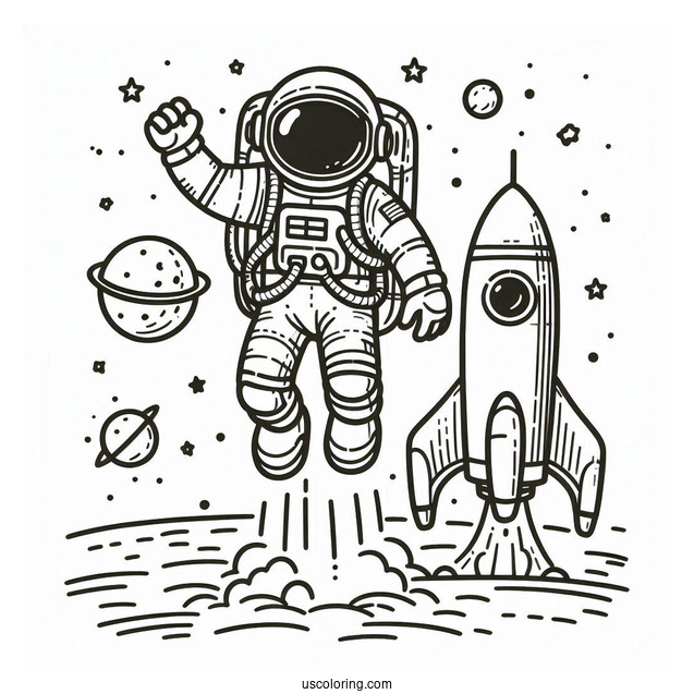 Astronaut Doing Space Walk With Rocket To Color