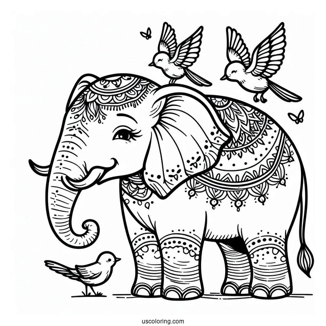Majestic Elephant With Birds On Head Coloring Page