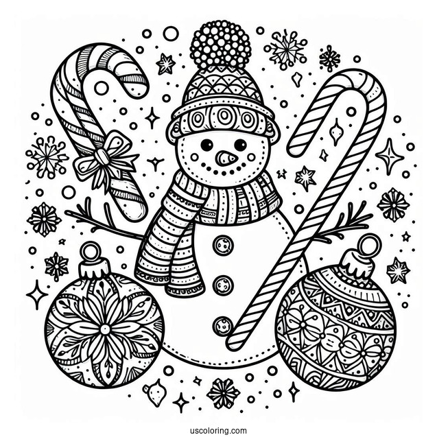 Snowman, Bauble, And Candy Cane Christmas Mandala