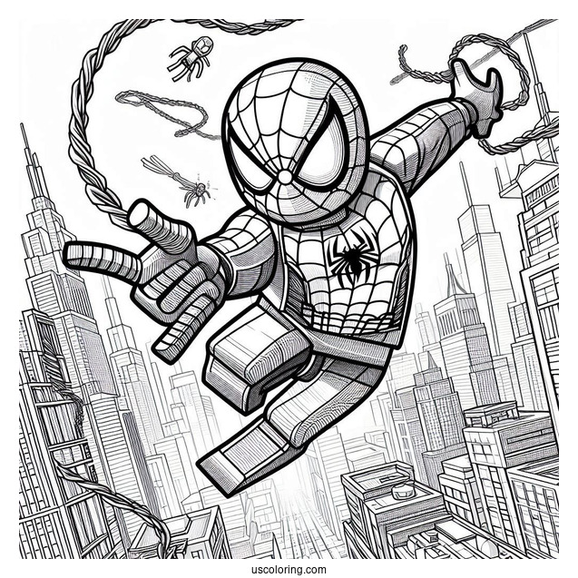 Lego Spider-Man With Webs Swinging Through City