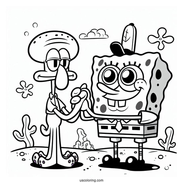 Cute SpongeBob Holding Squidward Coloring Page For Kids