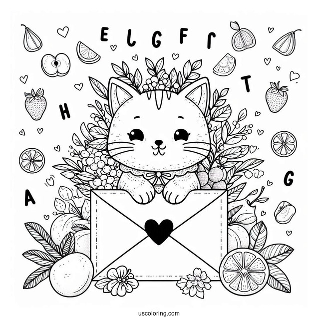 Cute Coloring Page Cat Inside An Envelope Surrounded By Fruits And Letters