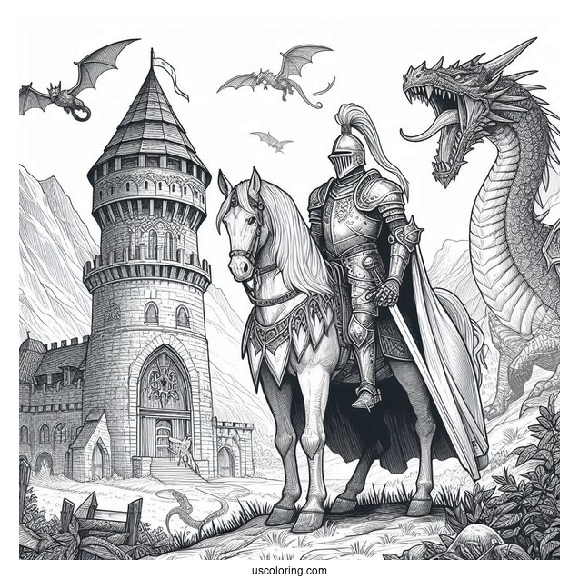 Realistic Knight In Front Of Castle Tower With Dragon