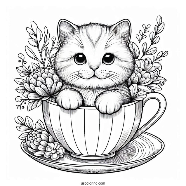 Coloring Page Of Realistic Cat Inside Teacup