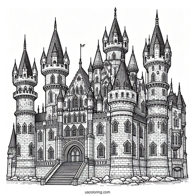 Massive Castle Coloring Page With Towers In The Corner