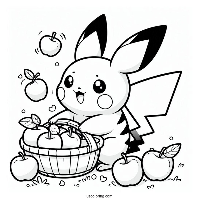 Pichu Coloring Page Collecting Apples With Pikachu For Kids