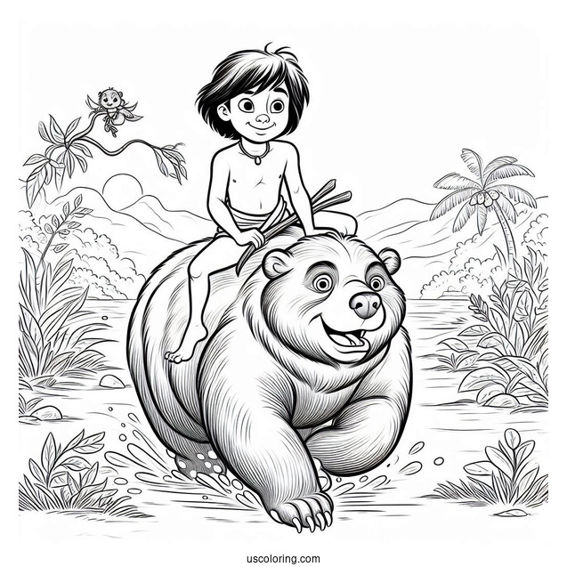 Jungle Book Coloring Page Of Mowgli Riding On Baloo s Back For Kids
