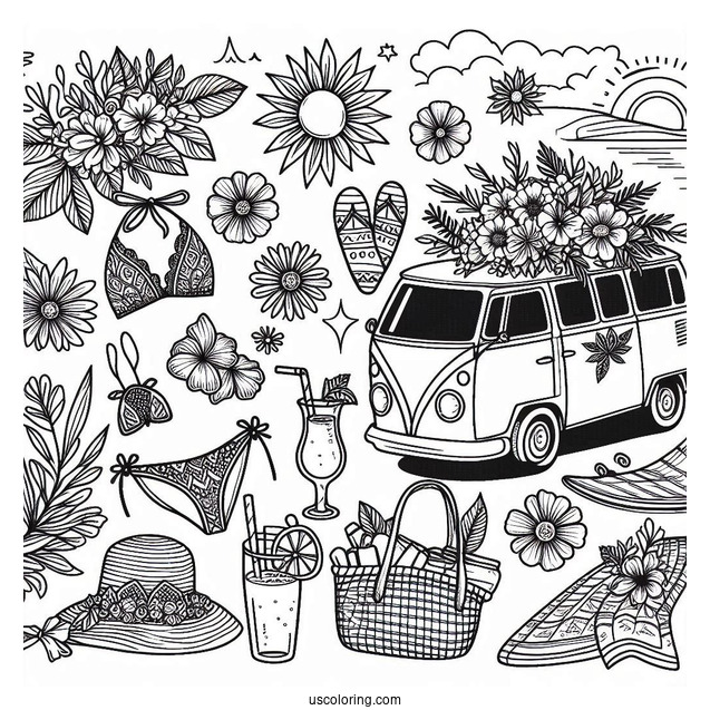 Summer Coloring Page Of Flowers, Swimsuit, Hat, Camper Van, Tree, Surfboard, And Drinks
