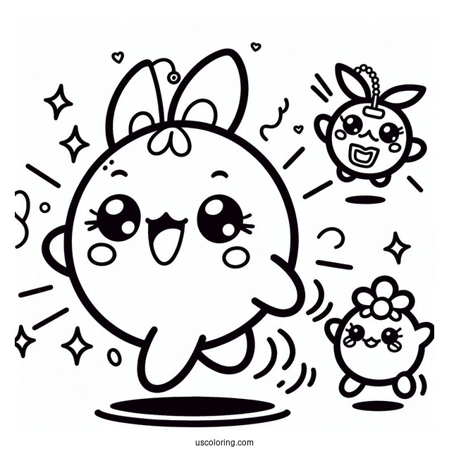 Tamagotchi Coloring Page Of Mametchi Skipping While Chamametchi And Happyhappytchi Watches From The Side