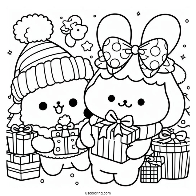 Pompompurin And Scone Holding Christmas Presents Coloring Page