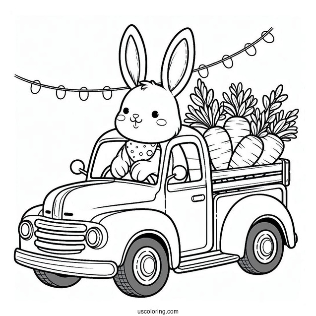 Easter Bunny Coloring Page At The Back Of Pick Up Truck With Carrots