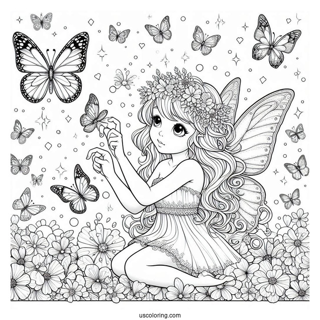 Fairy Playing With Tiny Butterflies Coloring Page