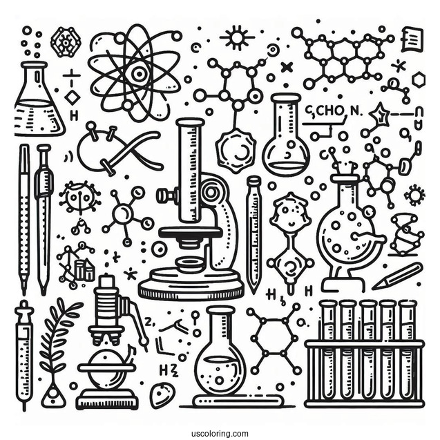 Science Coloring Page Of Laboratory Tools And Molecules For Kids