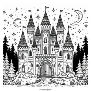 Magical Castle Coloring Page In The Forest With Starry Sky