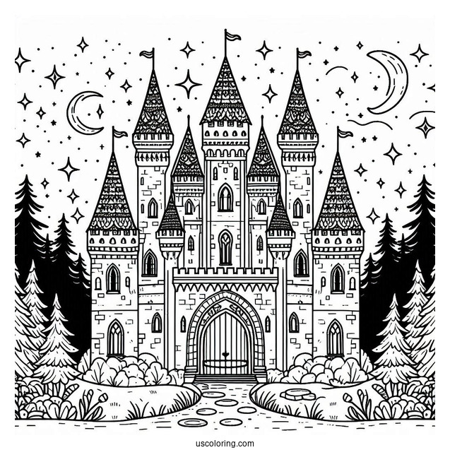 Magical Castle Coloring Page In The Forest With Starry Sky