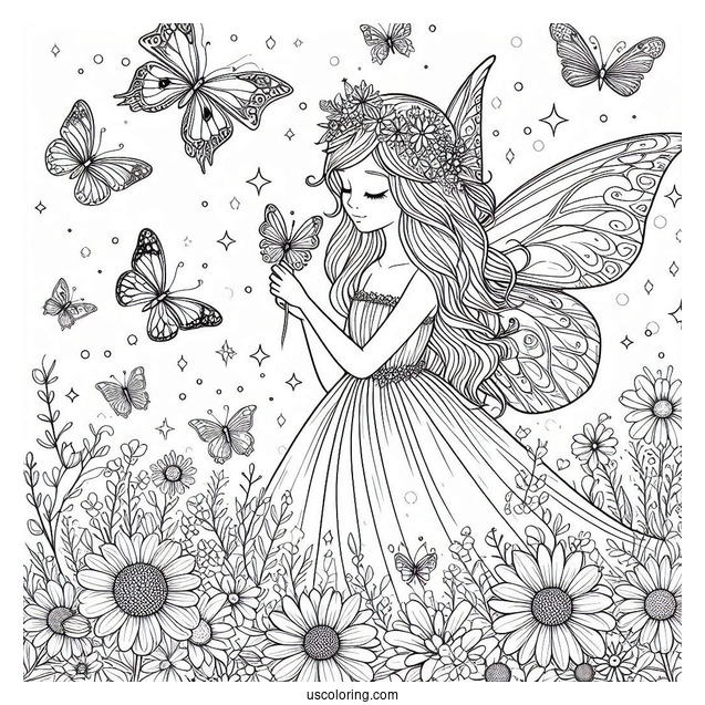 Beautiful Fairy Surrounded By Butterflies On A Flower Field