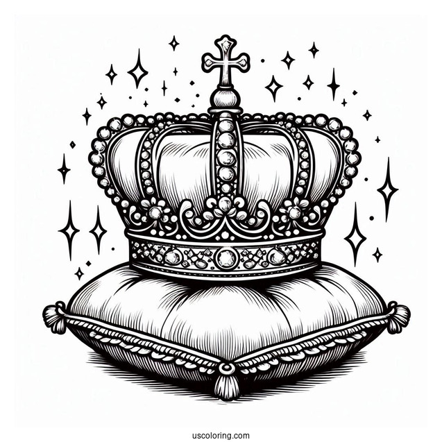 Sparkling Royal Crown Coloring Page on Velvet Pillow