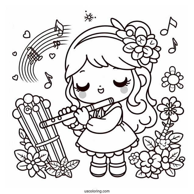 My Melody Coloring Page Playing Flower Flute While Rhythm Sings