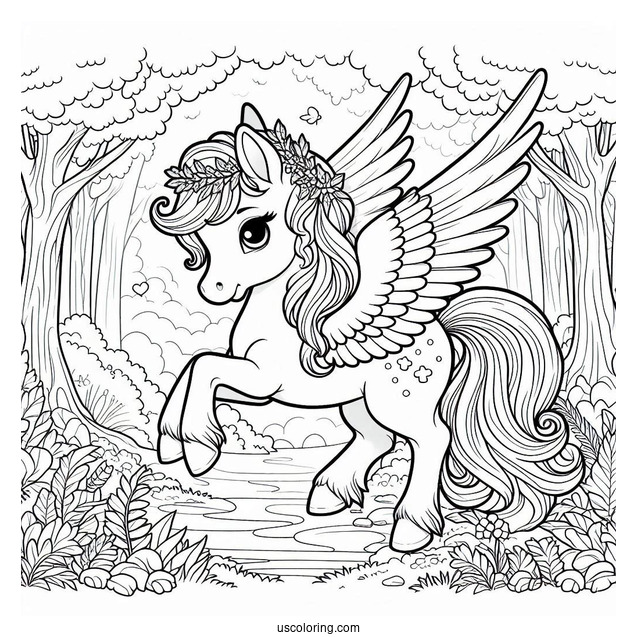 Young Pegasus Coloring Page In The Forest