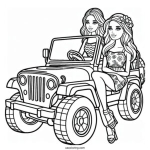 Barbie And Friend In Jeep To Color