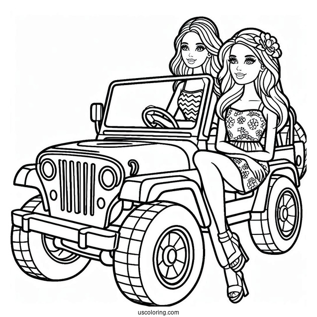 Barbie And Friend In Jeep To Color