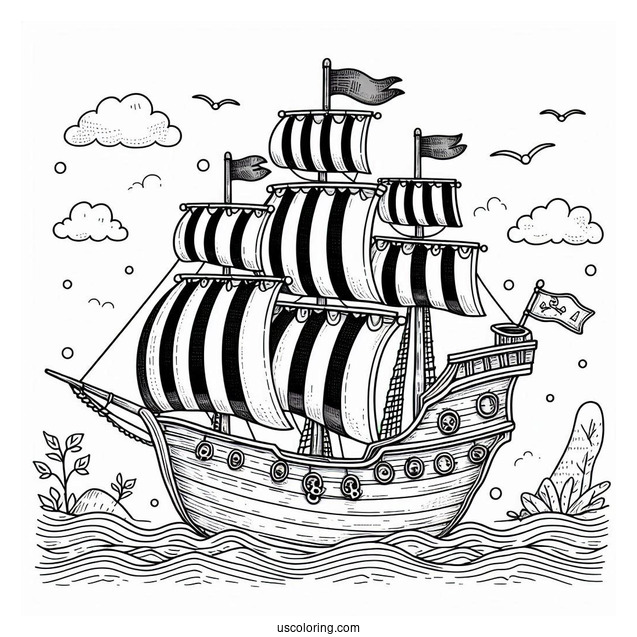 Cute Pirate Ship Coloring Page With Striped Sails At Sea