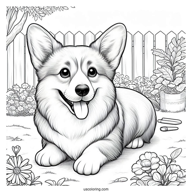 Realistic Welsh Corgi Coloring Page In Backyard