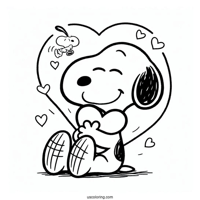 Snoopy Hugging a Big Love Heart To Color