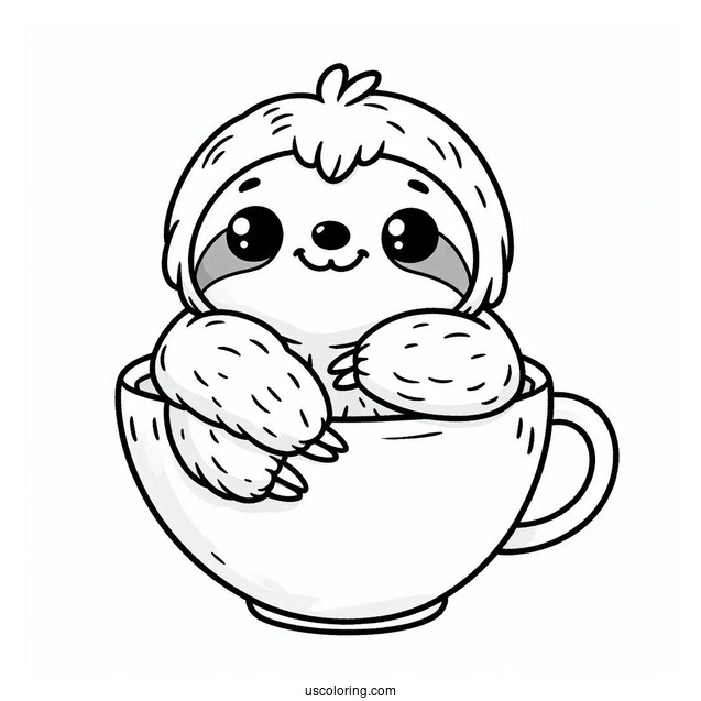 Kawaii Sloth Sitting In Teacup Coloring For Preschoolers