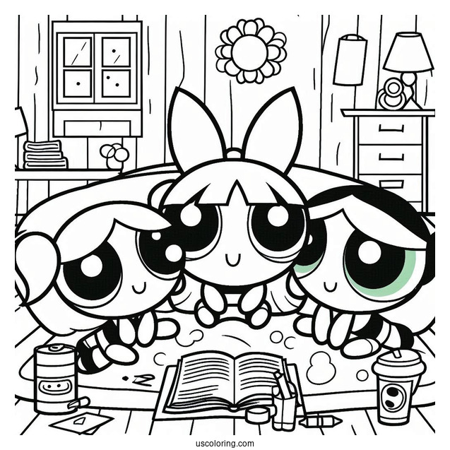 Coloring Page Of Powerpuff Girls Sleepover With Mojo