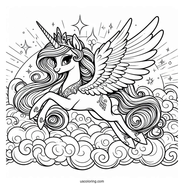Majestic Princess Celestia Coloring Page Flying In The Clouds