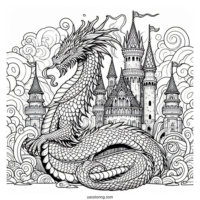 Dragon With Large Scales Wrapped Around Castle Tower