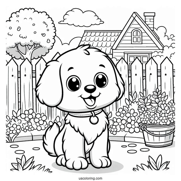 Coloring Sheet Of Cartoon Puppy In Backyard
