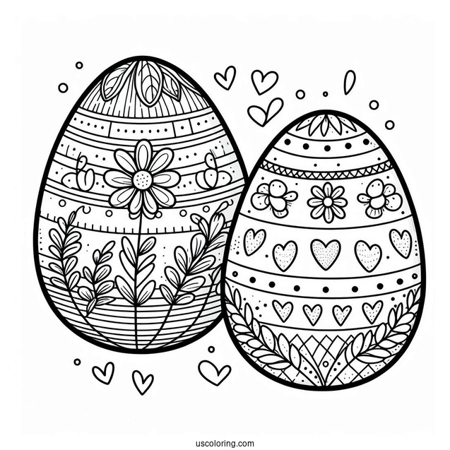 Easter Egg Coloring Page with Flower, Stripe, and Heart Patterns For Preschoolers