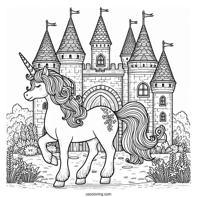 Beautiful Unicorn Standing Outside Of A Castle Coloring Page