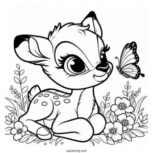 Coloring Page Of Bambi With Butterfly On Nose