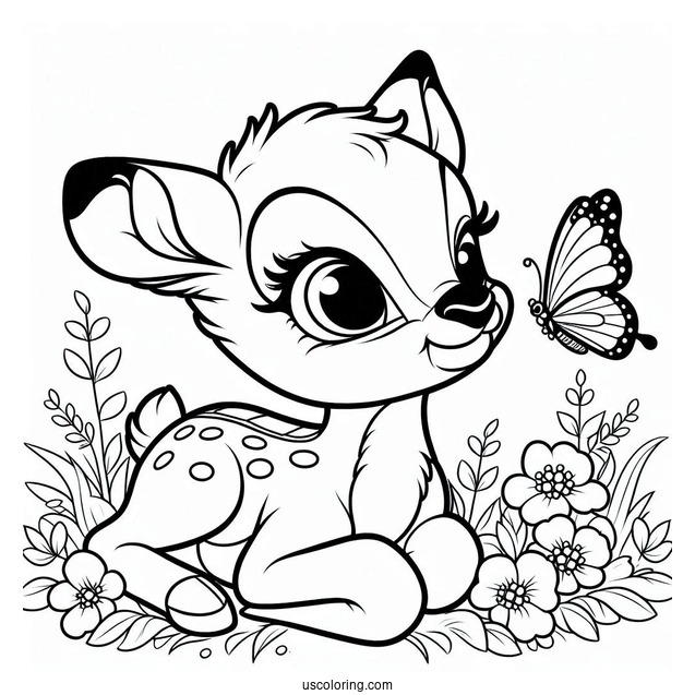 Coloring Page Of Bambi With Butterfly On Nose