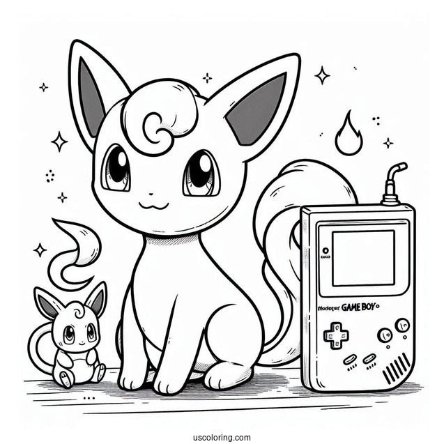 Mew Coloring Page Standing In Front Of Game Boy Console