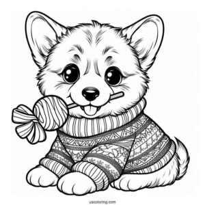 Christmas Coloring Pages For Adults Of Cute Corgi In Sweater Biting A Treat Christmas Coloring Page