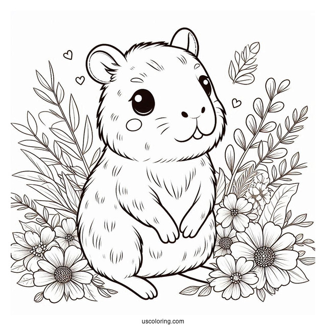 Cute Capybara Coloring Page With Flowers For Kids