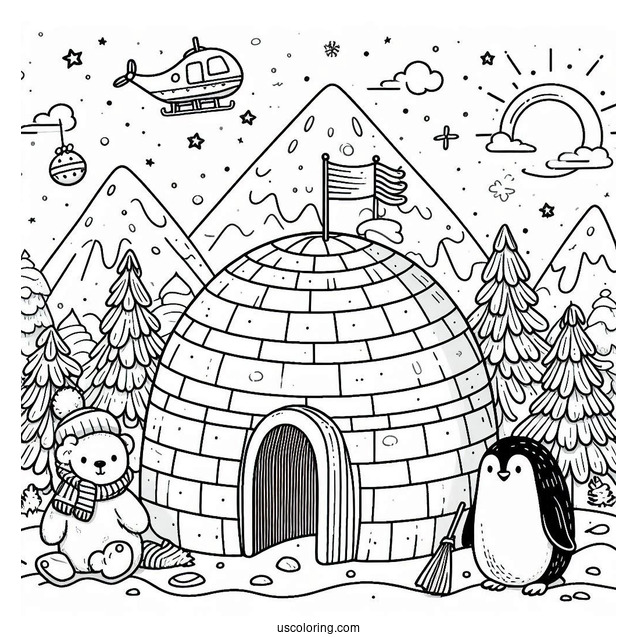 Igloo, Penguins, And Polar Bears In The North Pole Coloring Page For Preschoolers