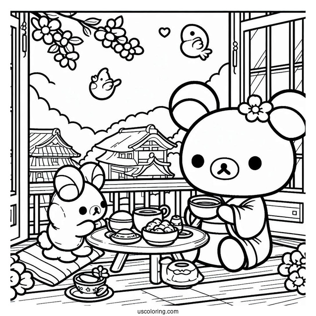 Rilakkuma Coloring Page Having Tea With Kiiroitori In The Balcony
