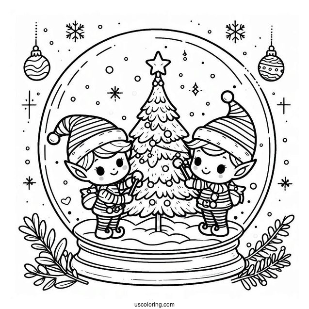 Cute Elves Decorating A Christmas Tree Snow Globe Coloring Page