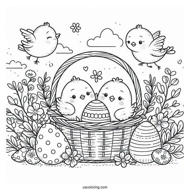 Happy Easter Coloring Page With Chicks And Eggs In Basket