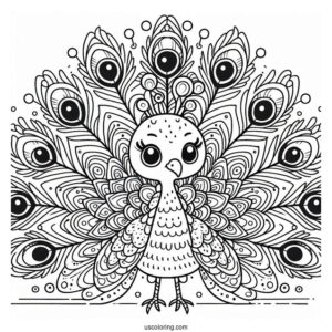 Cute Peacock Coloring Page with Fanned Feathers For Kids
