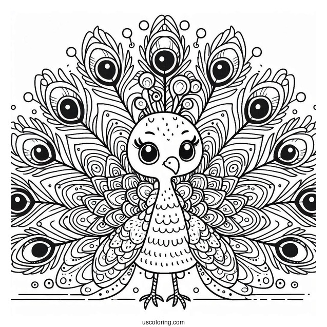 Cute Peacock Coloring Page with Fanned Feathers For Kids