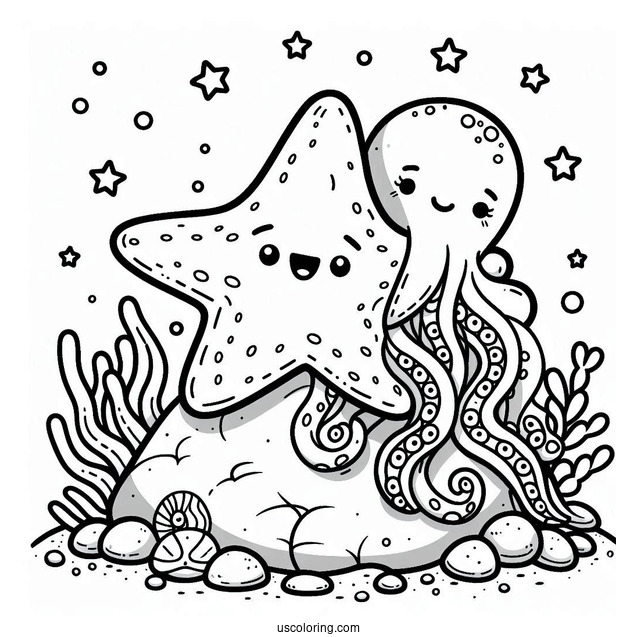 Cute Starfish Coloring Page On Rock Beside Octopus For Preschoolers