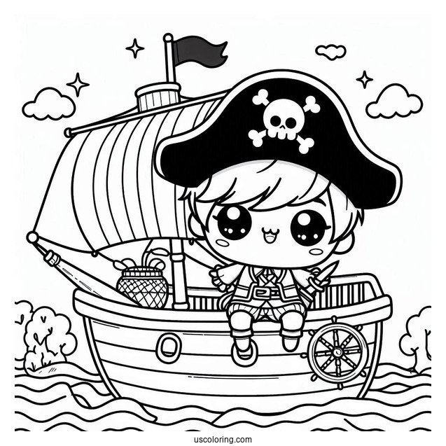 Kawaii Pirate On The Deck Of A Pirate Ship Coloring Page For Kids